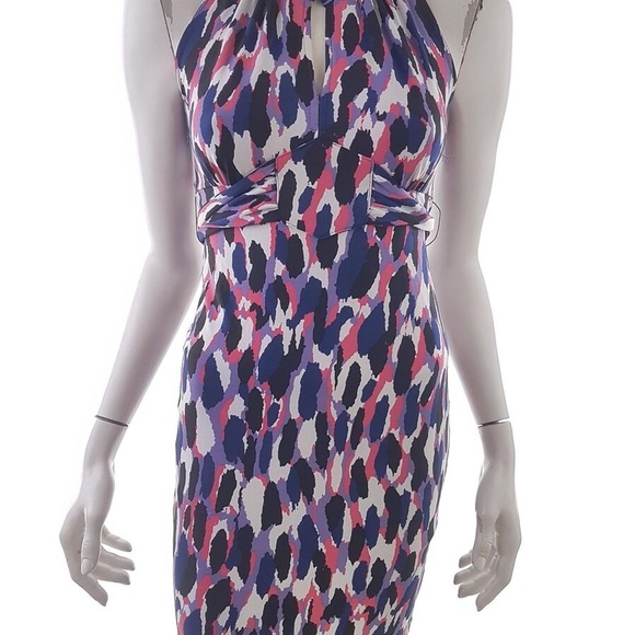GUESS Keyhole Halter Open Back Multicolor Purple Pink Tie Back Mini Dress Sz L - Picture 8 of 9